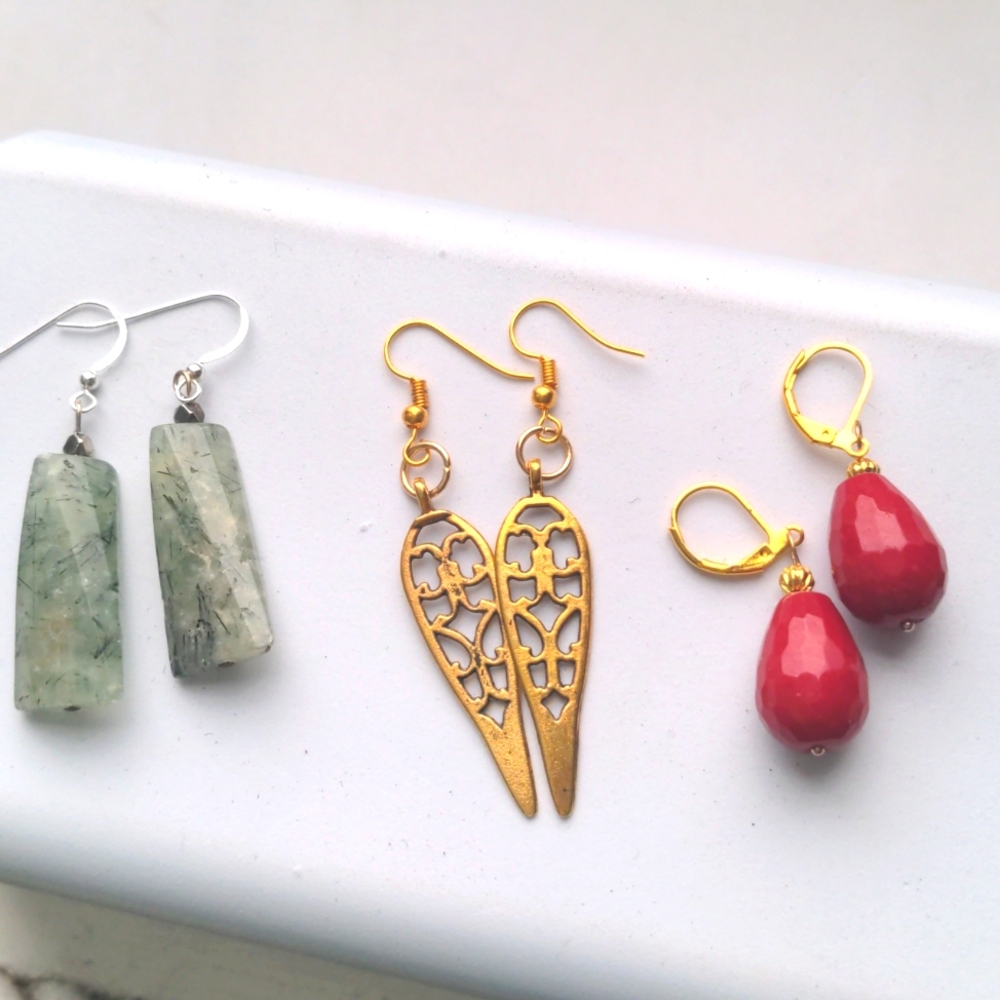 3 pairs gemstone & gold plated earrings.   Drop, dangle.  Individually boxed.